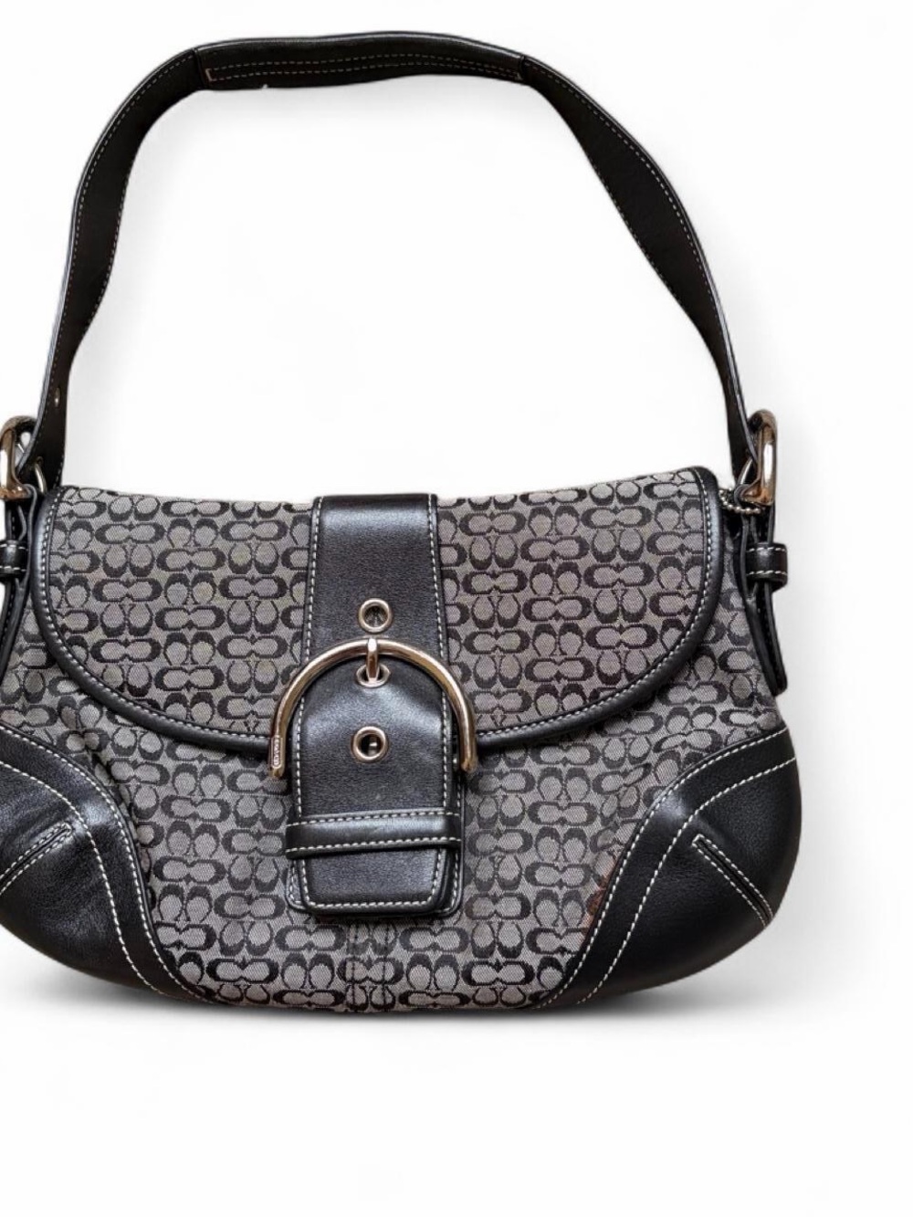 Coach Gray and Black Signature Canvas Shoulder Bag with Buckle